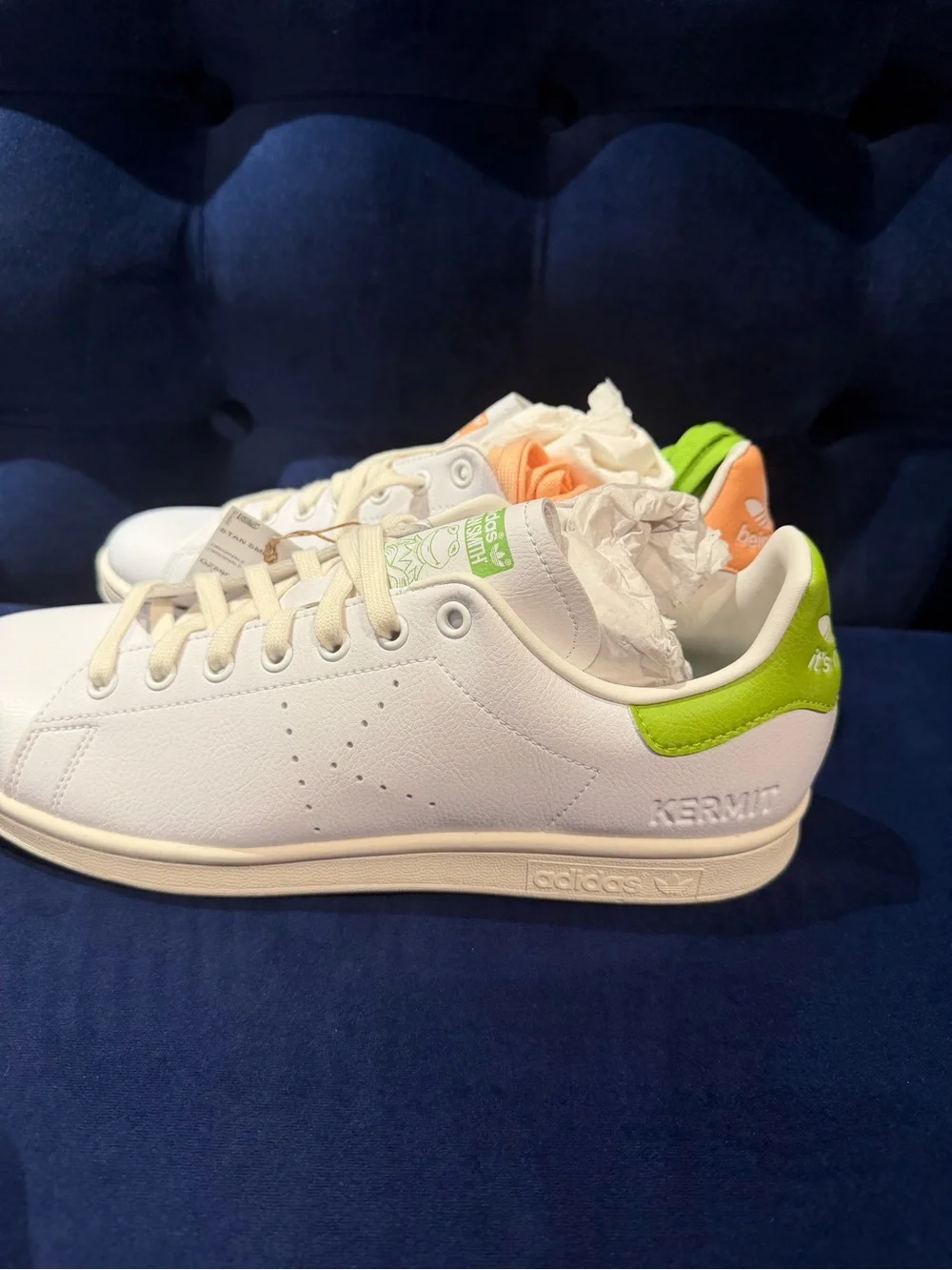 adidas White Leather Sneakers with Green & Orange Tongue Accents